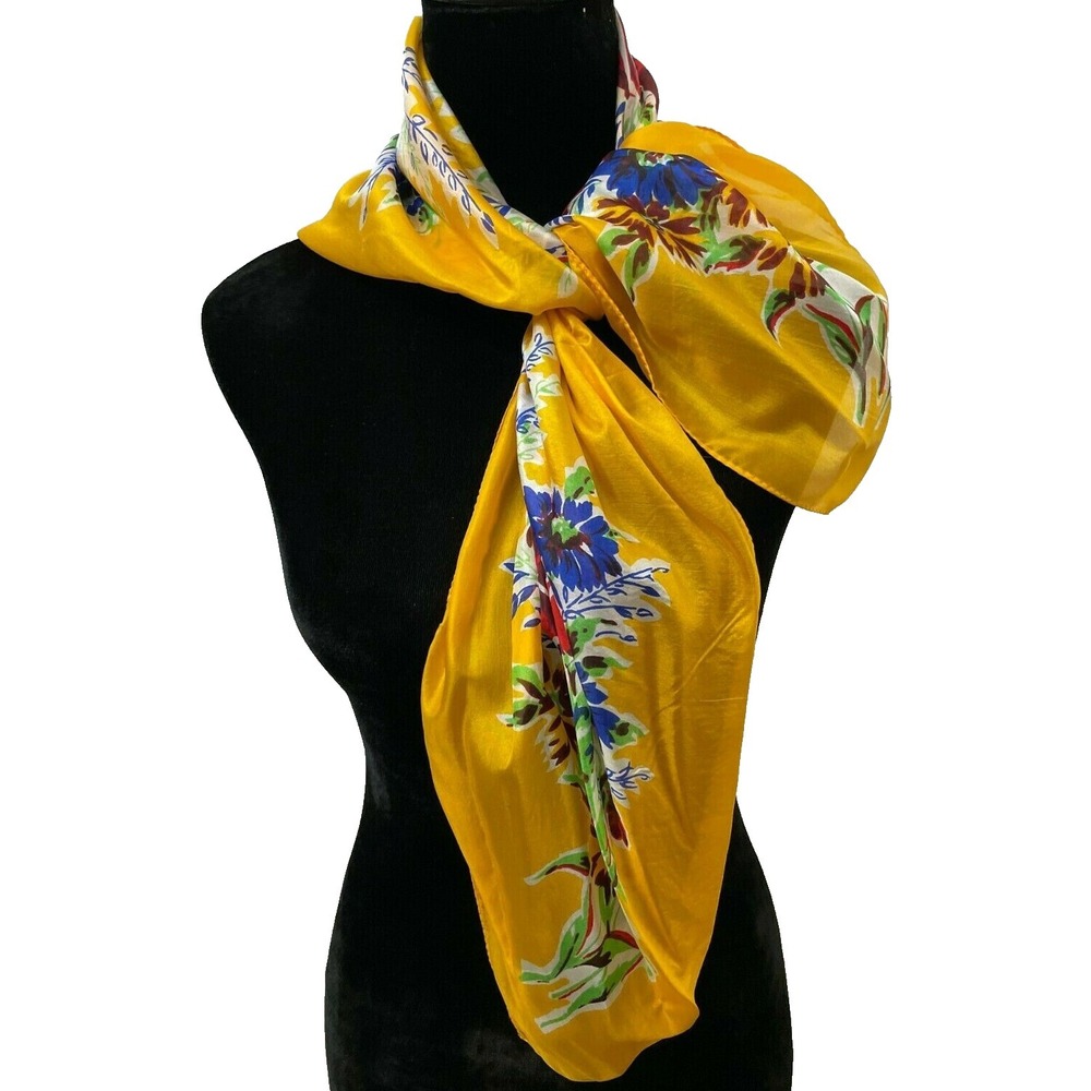 Pure Silk Womens Square Scarf Hand Rolled Gold Hand Screen Printed Floral Silk